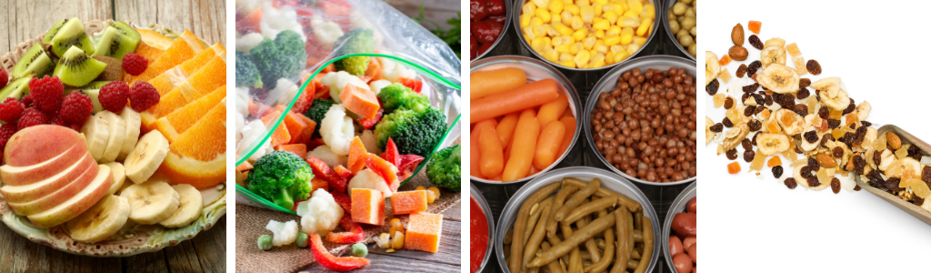 All forms of produce count. Fresh fruit on plate, frozen vegetables in a bag, canned veggies and dried fruit. 