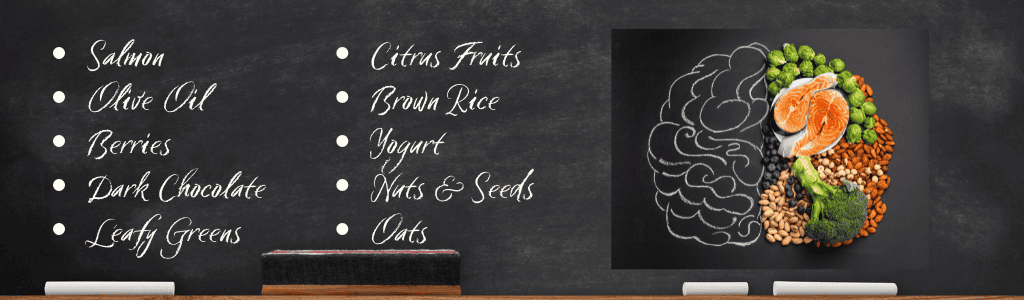 Chalkboard with list of good mood foods and drawing of brain with half filled with foods